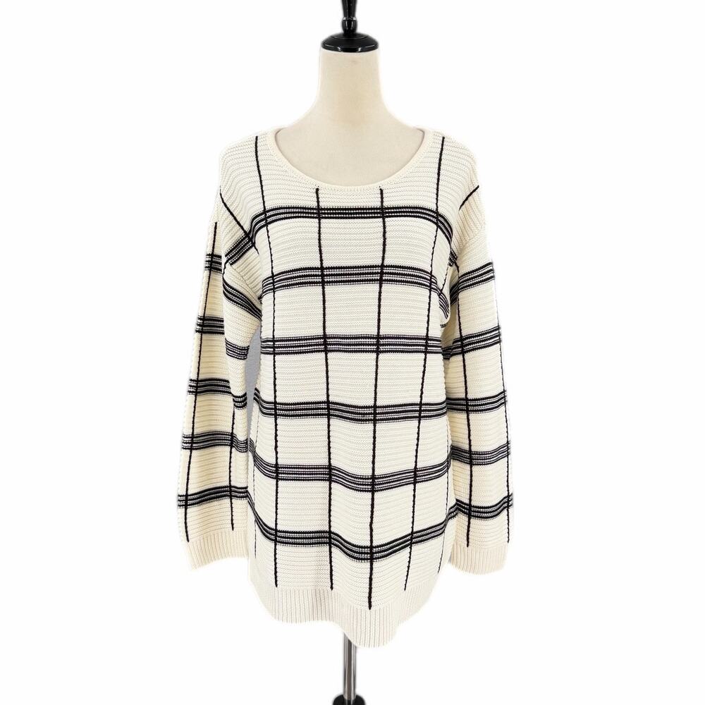 Calvin Klein Cream Black Check Plaid Pullover Relaxed Classic Everyday Sweater